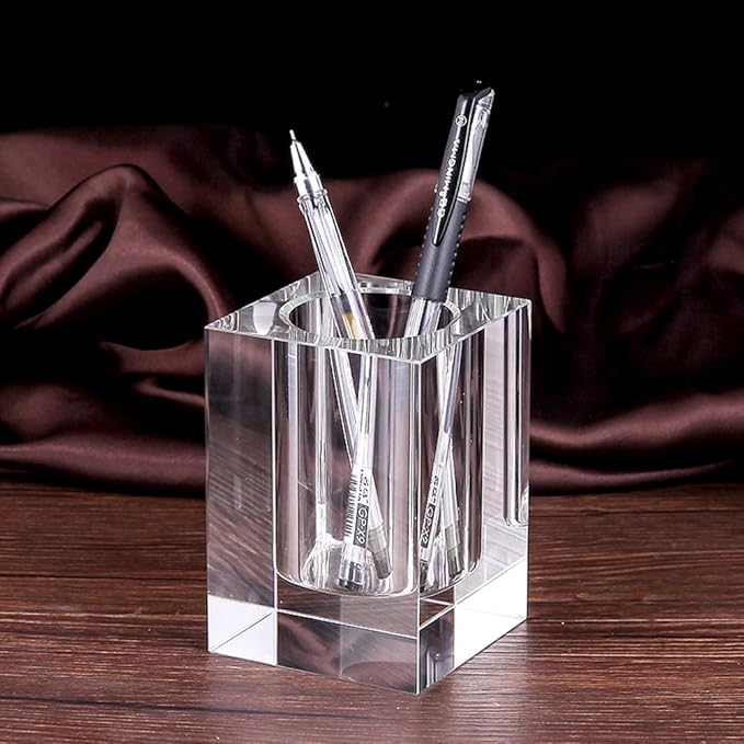 Coideal Glass Crystal Pen Pencil Cup Holder Square Clear Small Desk Table Organizer for Office School, Teacher and Student