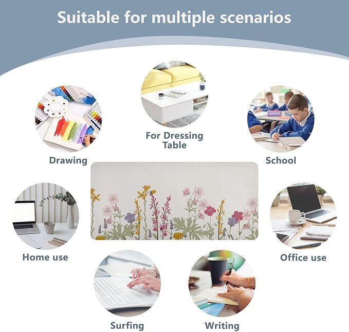 Mouse Pad Desk Mat Leather Desk Pad Large Gaming Desk Cover Protector Mat for Keyboard Computer Laptop Office Waterproof 47.2 x 23.6 Inch Simple Flowers Beige