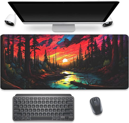 Colorful Clouds Sun Stream Forest Desk Pad Mouse Pad,Large Colorful Gaming Mouse Mat with Stitched Edges,Non-Slip Waterproof Rubber Base Mousepad for Office Work Home Desk Mat(27.5X11.8 in)