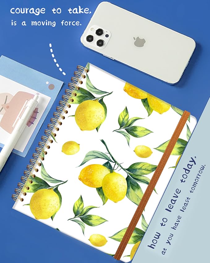 Ruled Spiral Writing Notebook,A5 Hardcover Lined College Journal for Women,Strong Twin-Wire Binding with Premium Paper,8.4" X 6",Perfect for School,Office,Home(Cute Lemon)