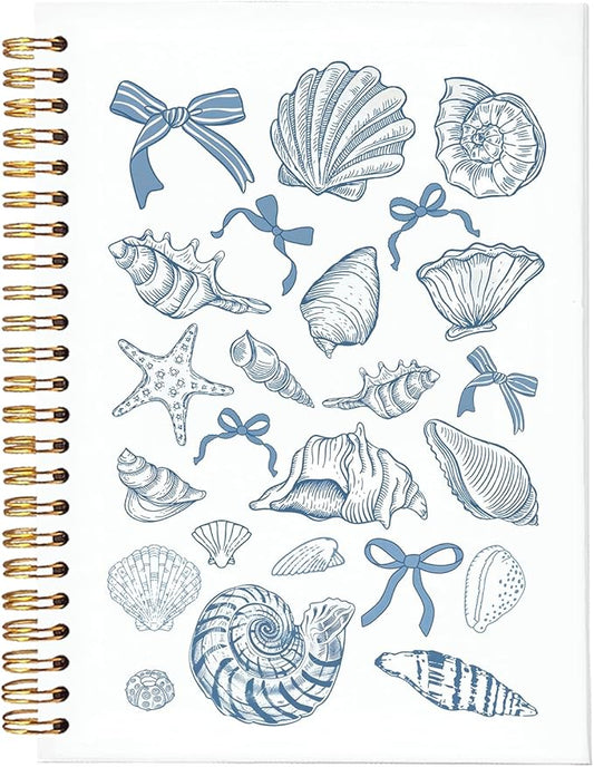 Blue Bow Cute Beachy Notebook for Girls Women, Beach School Supplies, Blue Coquette Beach Seashell Spiral Notepad A5, Ocean Vibes Writing Journal for Teens 5.5x8.3