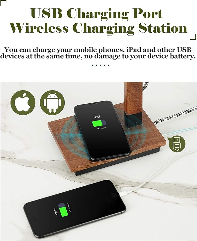 ELYONA Sapele Wood Desk Lamp with Wireless Charging & USB Port, Touch Control Reading Task Light,Adjustable, Swing Arm Table Lamp for Bedroom, Study Work, Office, Dorm, LED Bulb Included, Black