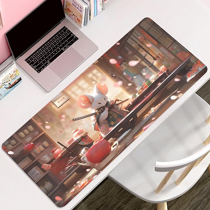 Mouse Samurai Mouse Pad Japanese Desk Mat,Large Gaming Mouse Pad,Desk Mat for Keyboard and Mouse,Computer Pad,Big Mousepad with Stitched Edge Non-Slip Rubber Base for Office School Home