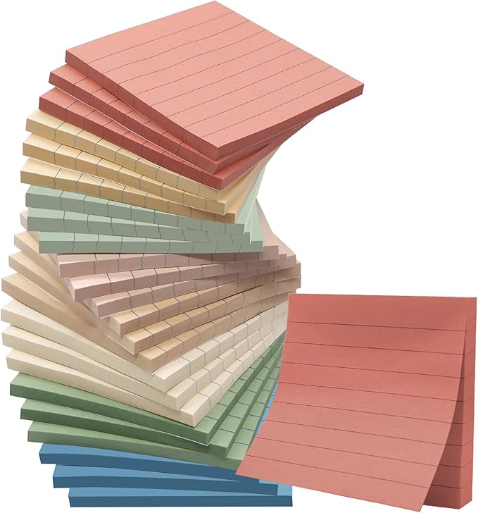 24 Pack Lined Sticky Notes 3x3 in Ruled Stickies Super Sticking Power Memo Pads, Vintage Colors Sticky Notes with Lines Self-Stick Note Pads