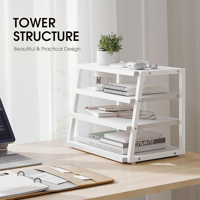 Fenge Desk Shelf Organizer, 4 Tier Desktop Shelf, Wood and Metal Office Shelves, Corner File Organizer for Office Supplies, Top of Desk Organizers and Accessories