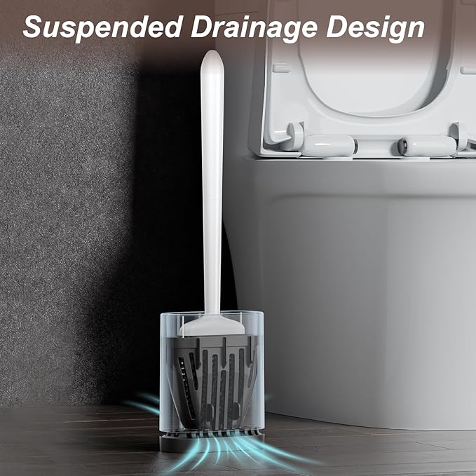 Sellemer Toilet Brush and Holder Set - Flexible Toilet Bowl Brush Head with Silicone Bristles, Compact Size for Storage and Organization, Ventilation Slots Base (1 Pack, White)