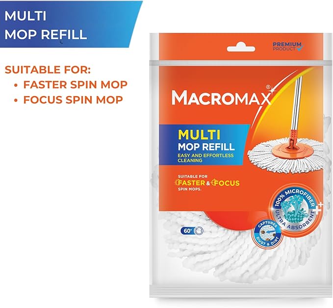 Macromax Multi Mop Refill – 100% Microfiber Replacement Head for Spin Mops – Ultra Absorbent, Scratch-Free Cleaning – Compatible with Faster & Focus Mop Sets – for Tile, Wood & Laminate