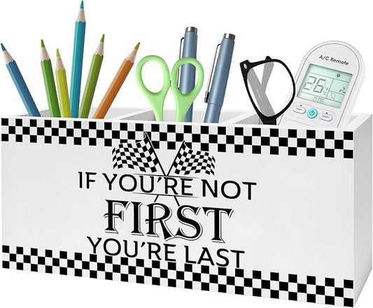 Racing Checkered Inspirational Pencil Pen Holder for Desk, If You're Not First You're Last Wooden Pencil Holder Organizer for Home Office Desk Accessories, Motivational Gifts for Men
