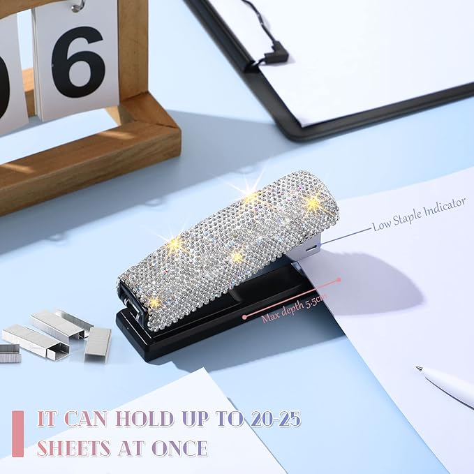 Yexiya Bling Crystal Stapler Gift Sparkly Diamond Stapler for Desk Handmade Clay Rhinestone Machine Pretty Office Stationery Kit Stylish Accessory for Women Lady Christmas(Silver)