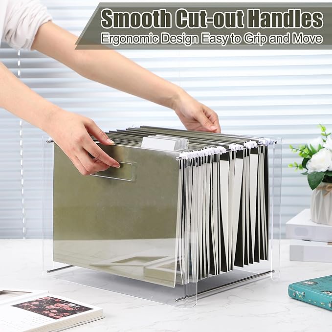 24 Hanging File Folder with Acrylic Organizer for Letter/a4 Size Desktop Clear File Storage Box with Handles for Home Work Office Use (Green,Classic)