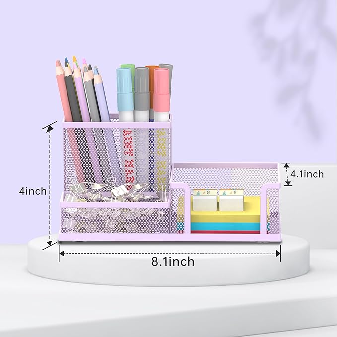 SUPEASY Mesh Pen Holder Desk Organizer, Office Supplies Pencil Storage with 3 Compartments, Office Desk Accessories and Workspace Organizers for Home School, Purple