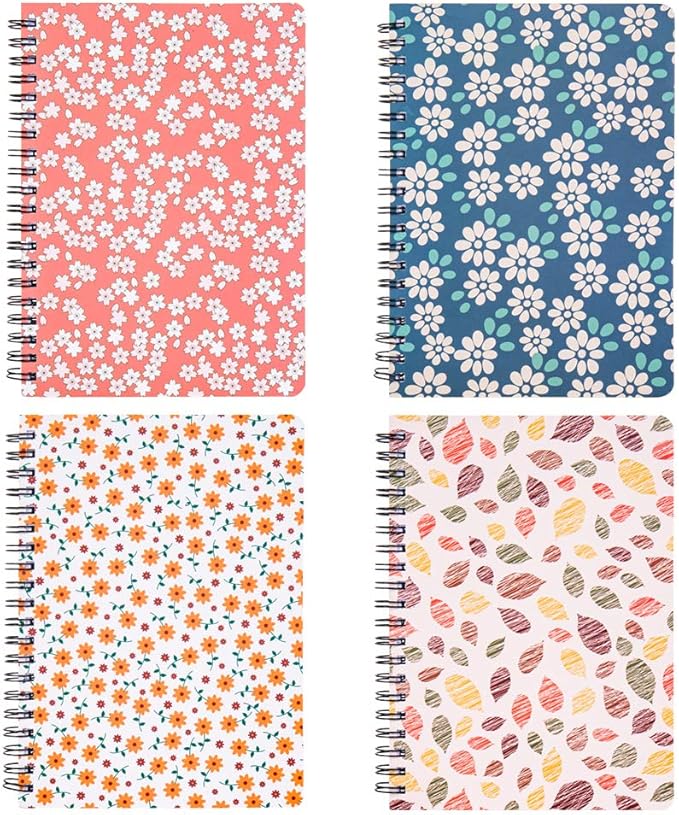 4 Pack Spiral Notebooks 5×7 Inch College Ruled Small Journals Hardcover Floral Cute Note Book for School Supplies Studio Girls Women, Inner Pocket, 80 Sheets/160 Pages