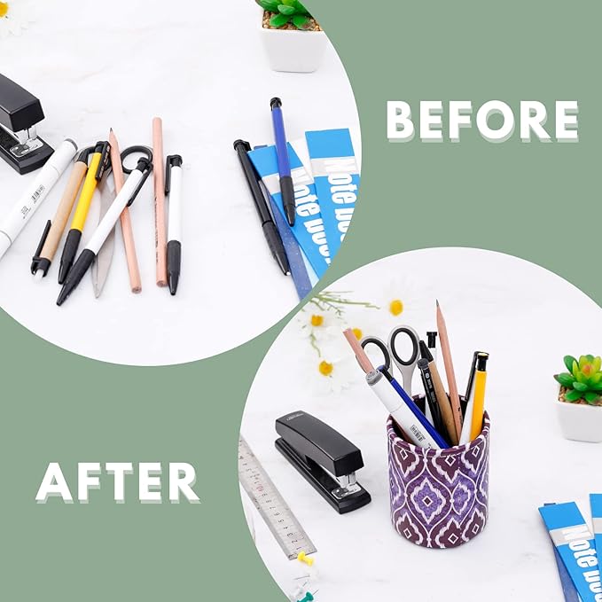 Desk Organizers, PU Leather Makeup Brush Holder for Cosmetics Office Supplies, Blue Ikat PH87