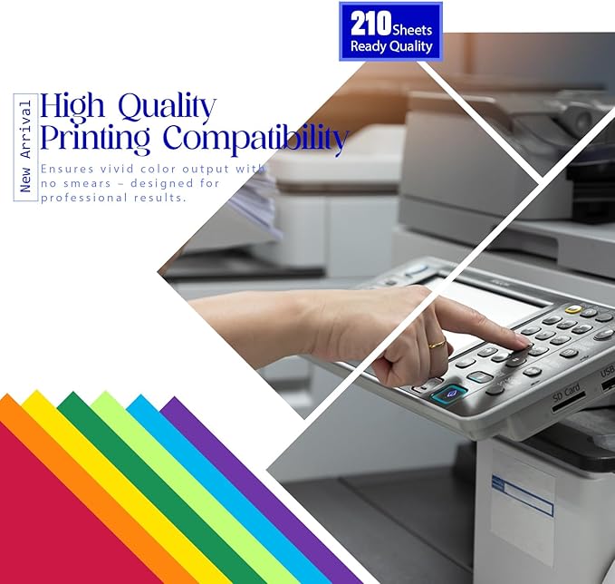 Colored Printer Paper 8.5x11 in 210 Sheets Premium 32 lb/120 GSM Laser 7 Color Rainbow Letter Size Paper for Arts Crafts DIY Projects School Office Supplies Origami Kids