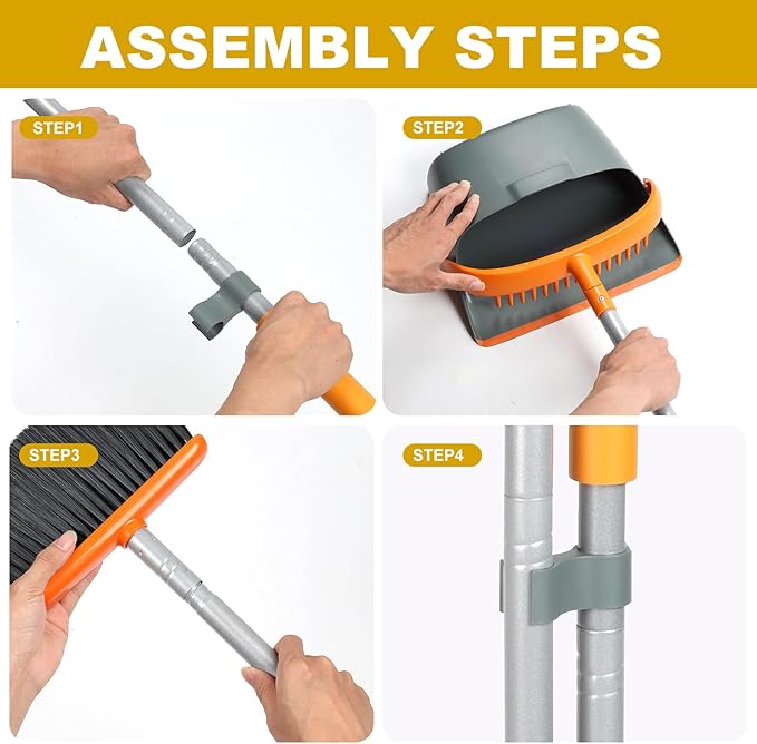 Dirty Fox Broom and Dustpan Set with 54 Inch Long Handle - Perfect Dust Pan and Brush Combo for Home Efficient Cleaning (Orange and Grey)