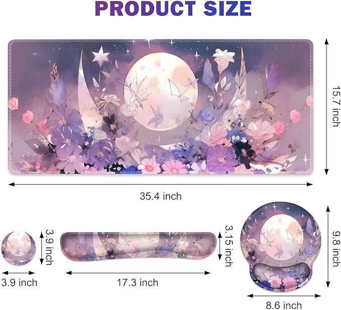 Large Desk Mat, Gaming Mouse Pad, Desk Pad Protector, XXL Mousepad + Keyboard Wrist Rest+Mouse Wrist Rest+Coaster Set with Ergonomic Desk Pad for Home Office PC Computer, Pastel Purple Flower Moon