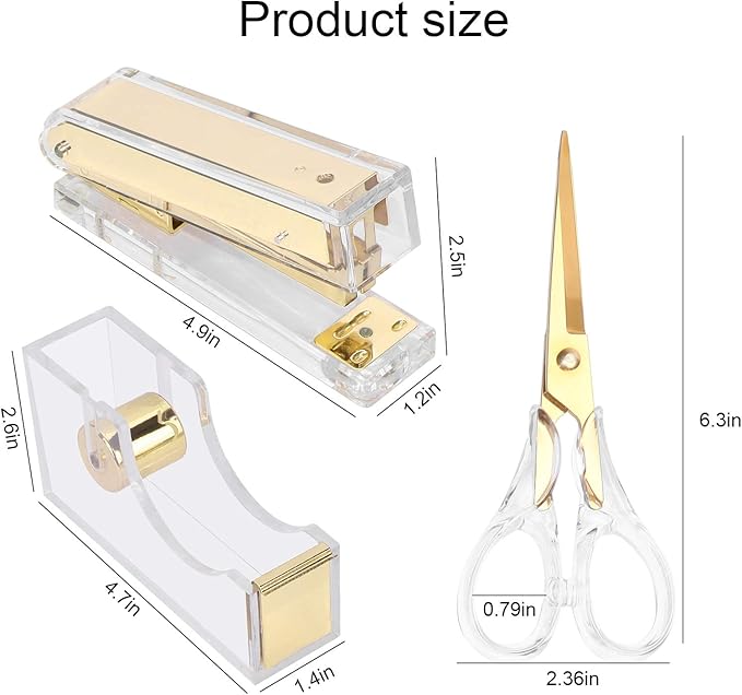 Stapler and Tape Dispenser Kit Acrylic Desk Organize Accessories Scissors Clear Tape Dispenser Gold Stapler Office Supplies