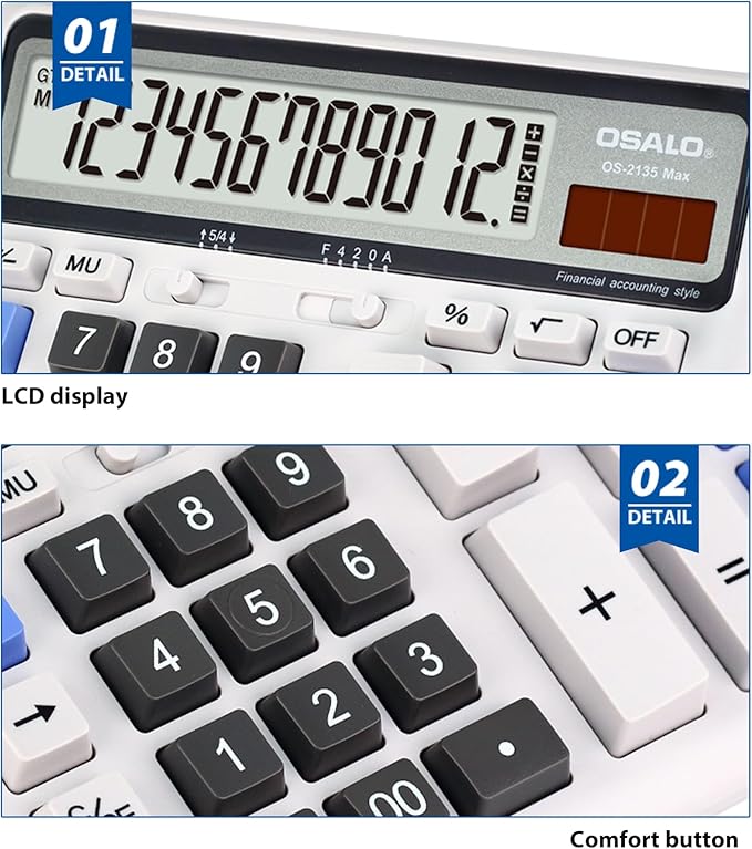 Desktop Calculator Extra Large LCD Display 12-Digit Big Number Accounting Calculator with Giant Response Button, Battery & Solar Powered, Perfect for Office Business Home Daily Use(OS-2135)
