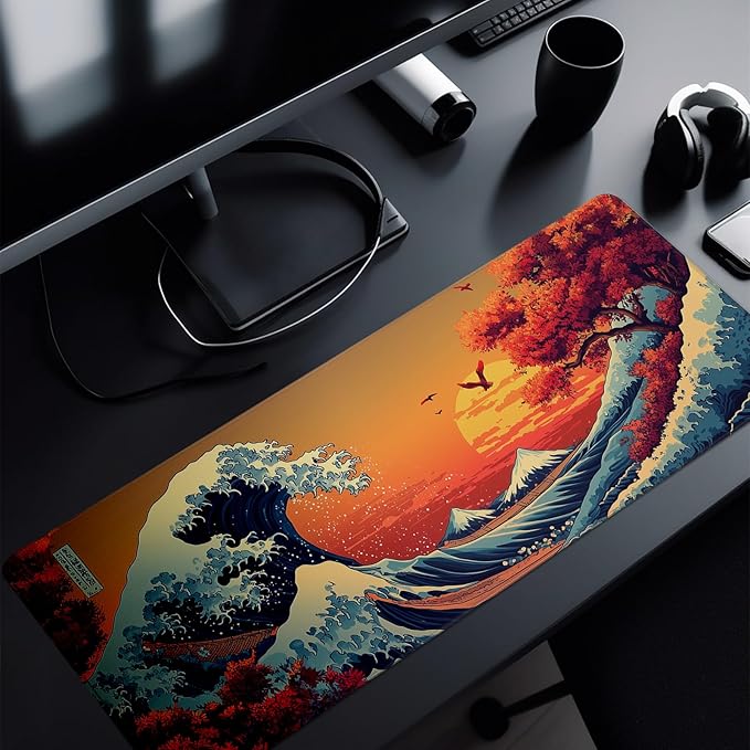 Japanese Gaming Mouse Pad Abstract Red Mouse Pad 31.5x11.8 Inch Red Sea Wave Texture Non-Slip Rubber Base Large Ocean Mousepad Stitched Edges Keyboard Mouse Mat Desk Pad for Office and Home