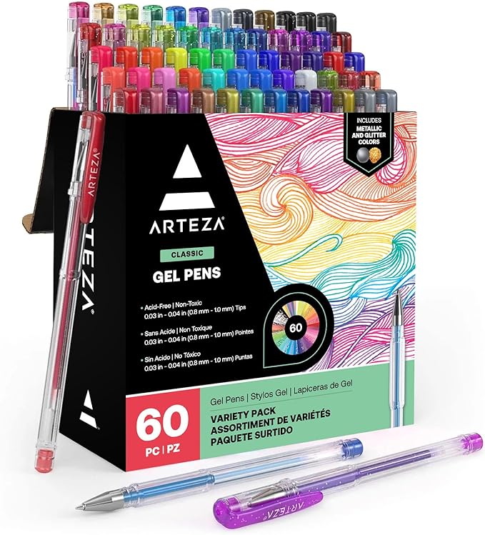 ARTEZA Gel Pens, Set of 60 – Fine Point Colored Ink Pens for Journaling, Adult Coloring, Note-Taking & Decorative Writing, Variety of Finishes