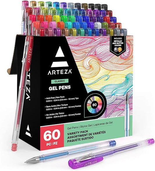 ARTEZA Gel Pens, Set of 60 – Fine Point Colored Ink Pens for Journaling, Adult Coloring, Note-Taking & Decorative Writing, Variety of Finishes