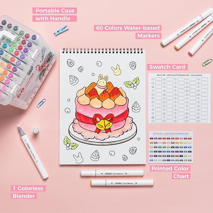 Ohuhu Markers for Adult Coloring Books No Bleeding 60 Colors Water-based Dual Tips Brush & Chisel Coloring Markers for Kids Adults Beginners Drawing Pens for Journaling Lettering