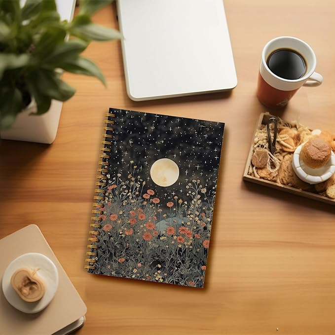 Guymn Vintage Witchy Moon Notebook, Dark Cottagecore Wildflower Floral Journal, Gothic Floral Full Moon Hardcover Spiral Notebooks 5.5x8.3 Inch