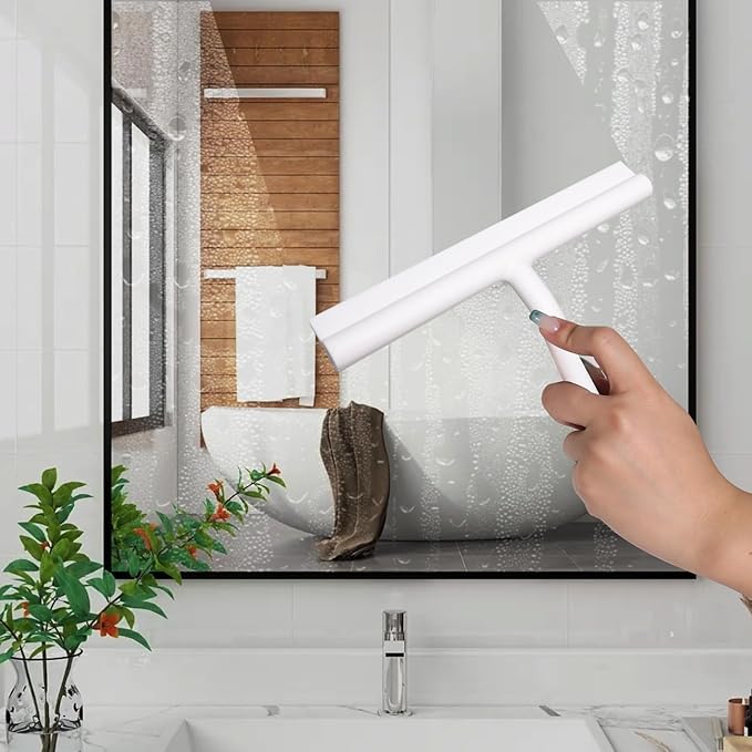 DEOFUXT Shower Squeegee for Glass Doors, Full Silicone Jacketed Squeegee with Ergonomic Handle & No-Drill Hook, Cleaning Tool for Windows, Mirrors, Tiles, Bathroom & Car - White