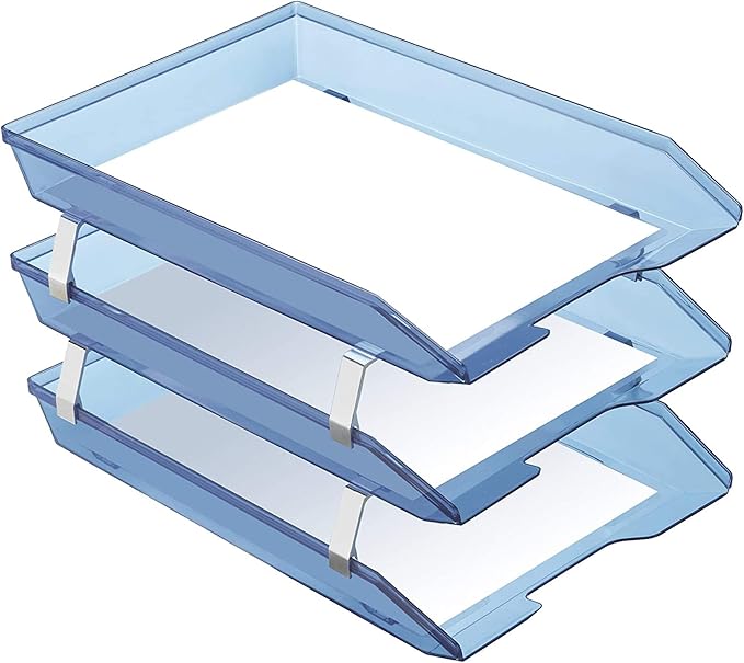 Acrimet Facility 3 Tier Letter Tray, Front Load, Letter Size/A4, Desktop File Organizer, Plastic (Clear Blue Color)