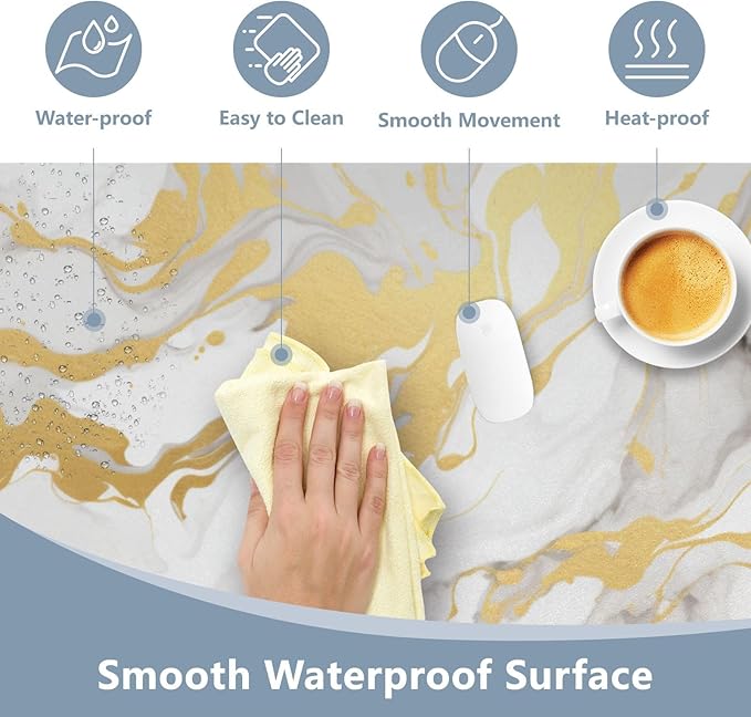 Mouse Pad Desk Mat Leather Desk Pad Large Gaming Desk Cover Protector Mat for Keyboard Computer Laptop Office Waterproof 35.4 x 16.5 Inch Marble White and Luxury Gold