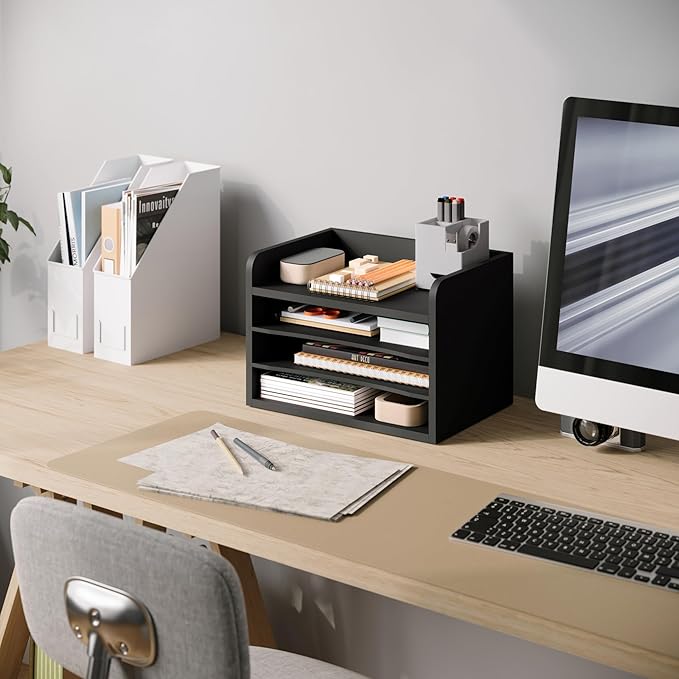 Ballucci File Organizer, 4-Tier Office Desk Organizer, Open Top Wood Paper Organizer for Classroom, Mail Sorter Paper Tray with Adjustable Storage Shelves, Black