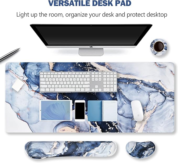 ARTSO Large Gaming Mouse Pad, Keyboard Wrist Rest Pad & Wrist Support Mousepad Set, Stitched Edge, Extended, Non-Slip Base, Memory Foam,Multifunctional Desk Mat 4pcs for Office & Home, Gilt Marble