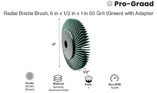 Radial Bristle Brush, 6 in x 1/2 in x 1 in 50 Grit (Green) with Adapter (Pack of 1)