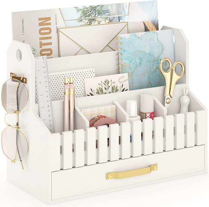 Bamboo Mail Organizer Countertop with Drawers, Wood Desk File Organizer Desktop Paper Organization Storage Bill & Letter Sorter Holder for School Home Office Supplies, No Assembly Required (White)