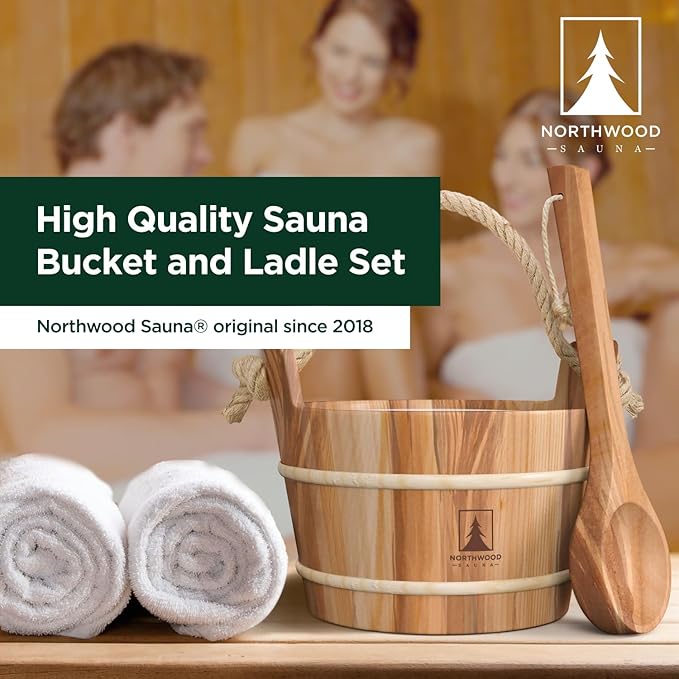 Sauna Bucket and Ladle Set - Handmade from Canadian Red Cedar Wood - Natural Rope Handle - 1 Gallon (4 Liters) Water Capacity