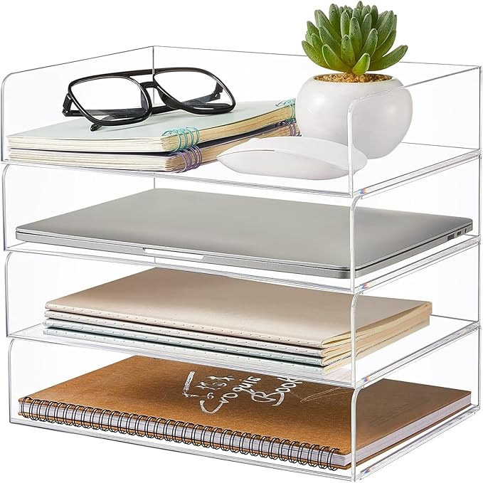 Harloon 4 Tier Acrylic Paper Tray Paper Organizer for Desk Clear File Organizer 12. 4 x 8. 7 x 2. 7 Inches File Tray for Office Workspace Desktop Storage, No Need to Assemble (Transparent)