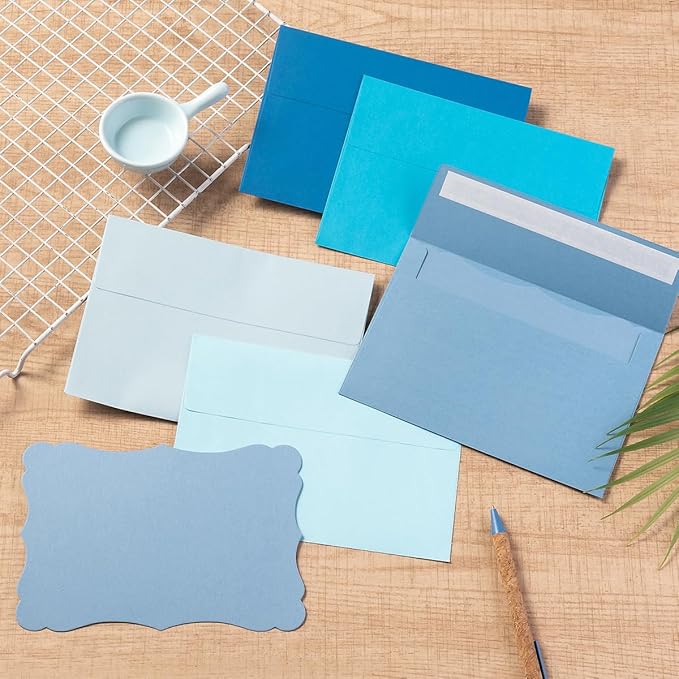 100 Pack Blue A7 Envelopes with Blank 5 x 7 Cards Self-Adhesive Business Envelopes Invitations Cards Envelopes (5 Colors Blue, A7)