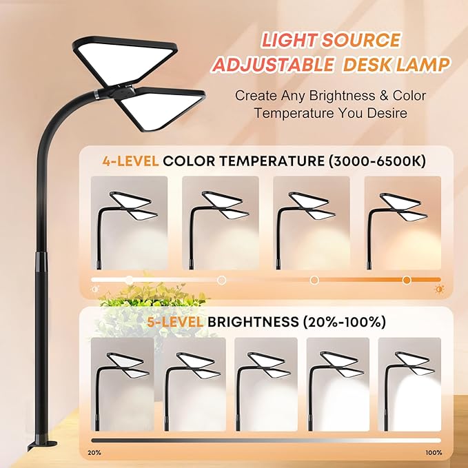 Ultra-Large Dual-Source Clamp-On Gooseneck Desk Lamp | Super Bright LED Study Light with Flexible Arms, 5 Brightness & 4 Color Modes for Home Office/Reading/Gift