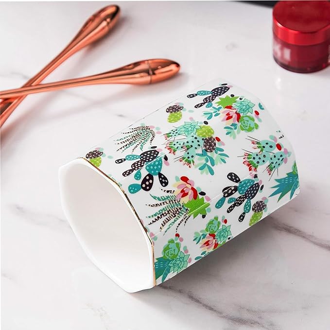 Pen Holder, Makeup Brush Holder Ceramic Shiny Gold Tropical Cactus Floral Succulents Pattern Plants Pencil Cup for Girls Kids Women Durable Stand Desk Organizer Gift for Office, Classroom, Home
