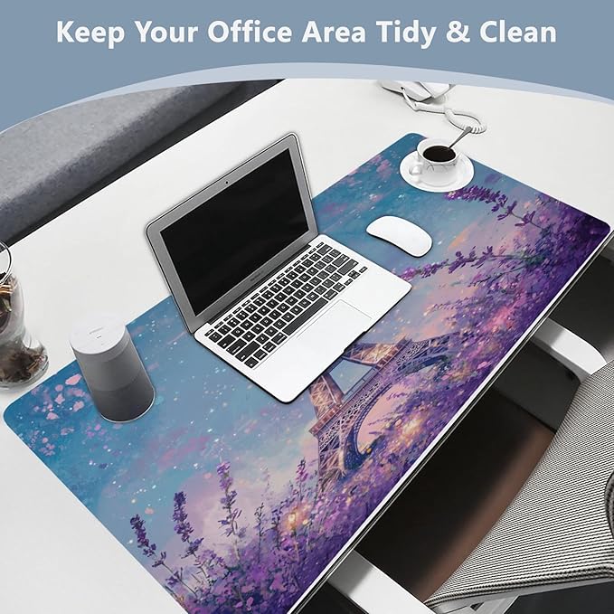 Mouse Pad Desk Mat Leather Desk Pad Large Gaming Desk Cover Protector Mat for Keyboard Computer Laptop Office Waterproof 47.2 x 23.6 Inch Lavender Eiffel Tower Purple
