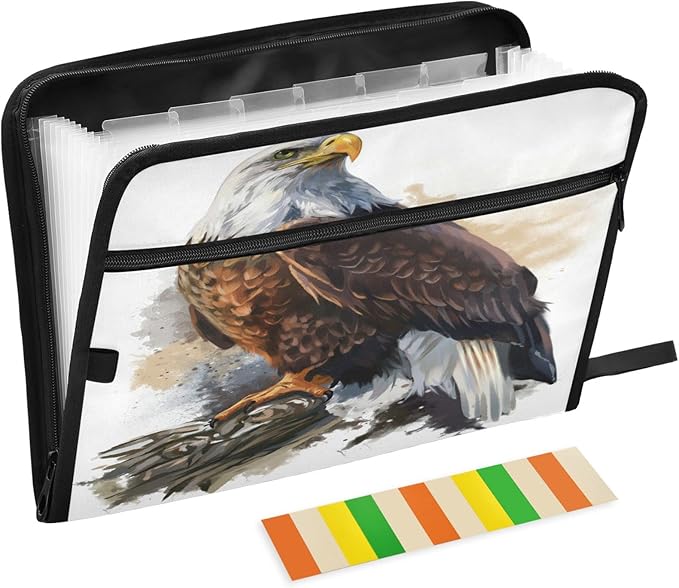 Bald Eagle Expanding File Folder 13 Pockets with Zipper Expandable Filing Folders Accordion Document Files Organizer for A4 Letter Size Paper