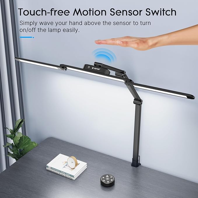 Syrinx LED Desk Lamp, Architect Desk Lamps for Home Office with Gesture Switch & Remote Control, 24W Bright Desk Light with 50 Light Modes Eye-Caring Desk Lamp with Clamp for Reading Study Workbench