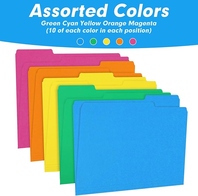 File Folder, RAZCC 100 Pack 1/3 Cut Tab Colored File Folders, File Folder Letter Size for Office Classroom Use, Assorted 5 Colors Folders with Tabs