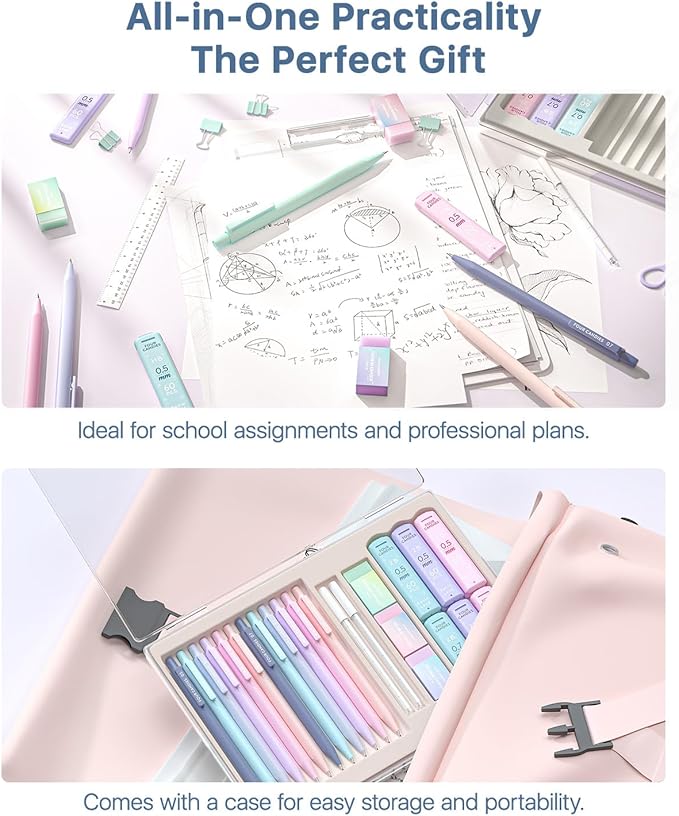 Four Candies Mechanical Pencil Set, with 0.5 & 0.7mm Lead Refills (HB & 2B), Pastel Erasers & Eraser Refills, 29-Count Pack with Case, Cute Aesthetic School Supplies for Writing, Drawing, Sketching