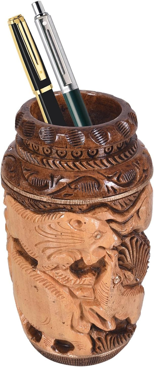 Craft Trade Hand Carved Wood Pencil Holder for Desk Organizer for Home School Office Supplies Pen Pot Storage Suitable for Stationery - Natural Wood