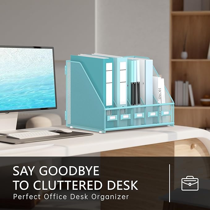 DALTACK Desk Organizers Metal Magazine File Holder with 5 Vertical Compartments Folder Storage Binder Organizer for Office Home School Organization, Blue Plus