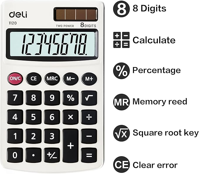 Calculator, Deli Standard Function Basic Calculators, Solar Battery Dual Power Office Calculator with Cover, Metal Panel, 2 Pack