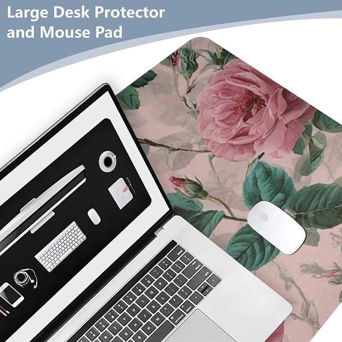 Mouse Pad Desk Mat Leather Desk Pad Large Gaming Desk Cover Protector Mat for Keyboard Computer Laptop Office Waterproof 47.2 x 23.6 Inch Pink Vintage Roses with Leaves