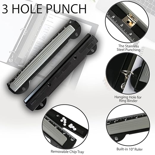 Performore 3 Ring Hole Punch for Binder, Paper Hole Punch with Built-in 10" Ruler, 5 Sheets Capacity, 3 Hole Portable Puncher for Office and School Supplies