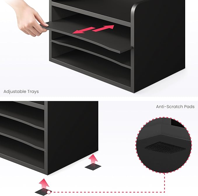 Ballucci File Organizer, 4-Tier Office Desk Organizer, Open Top Wood Paper Organizer for Classroom, Mail Sorter Paper Tray with Adjustable Storage Shelves, Black